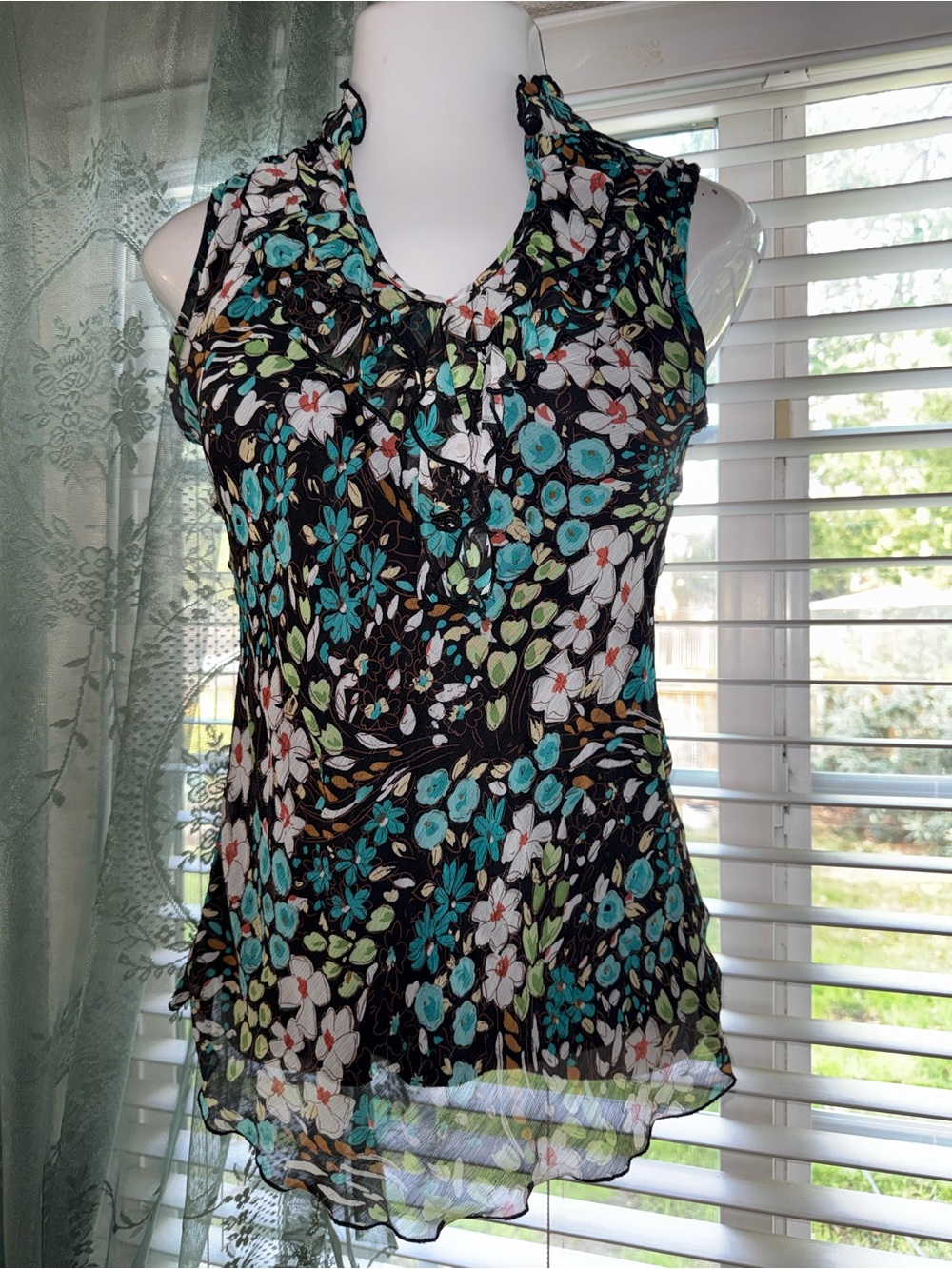 Cocomo Black Floral Ruffle-Trim Sleeveless Camisole